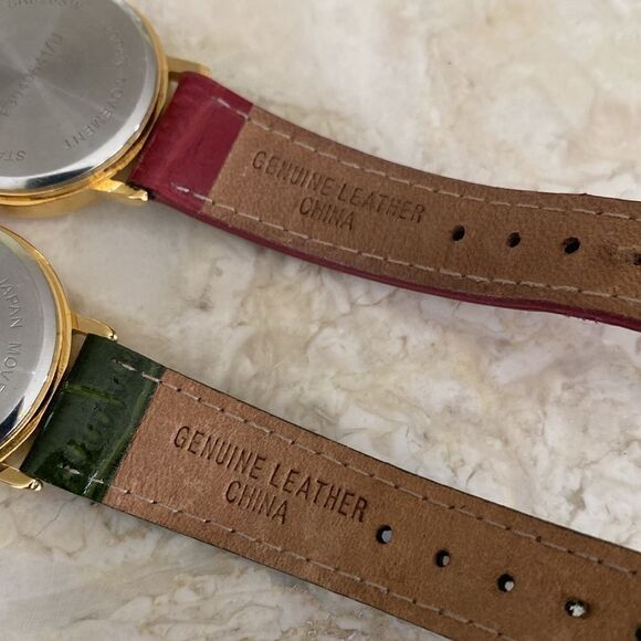 Three Red & Green Gold Tone Watches Leather Bands - Picture 12 of 16